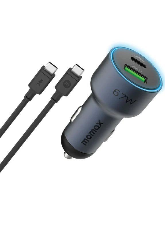 MOMAX Move 67W Dual Port Car Charger with USB-C to USB-C Cable 100W UC16GS