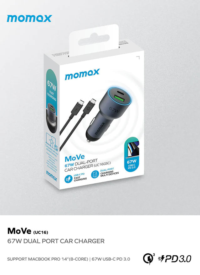 MOMAX Move 67W Dual Port Car Charger with USB-C to USB-C Cable 100W UC16GS