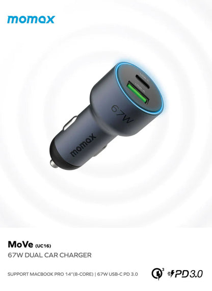 MOMAX Move 67W Dual Port Car Charger with USB-C to USB-C Cable 100W UC16GS