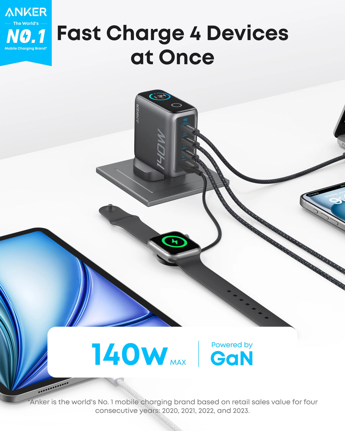 NKER LAPTOP CHARGER (140W, 4-PORT, PD 3.1) WITH USB-C CABL