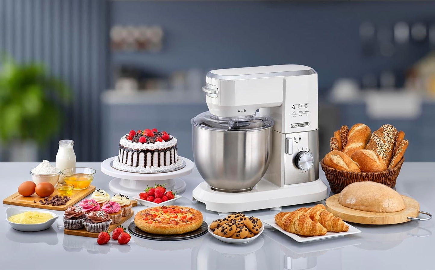 BLACK & DECKER Stand Mixer Kitchen Machine, 1000W, 6L Stainless Steel Bowl, 10 Speeds + Pulse